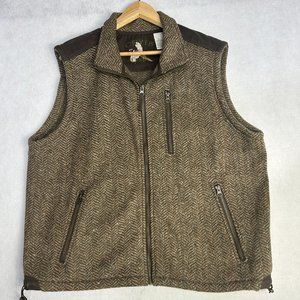 Orvis Mens Vest Waxed Cotton Trim Fleece Herringbone Tweed Zip Up Brown Large